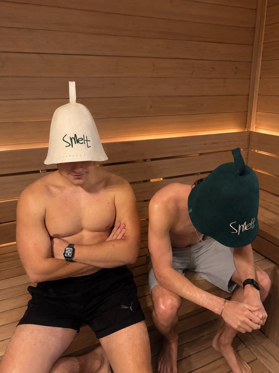 Tom and Marc wearing Smelt wool felt sauna hats