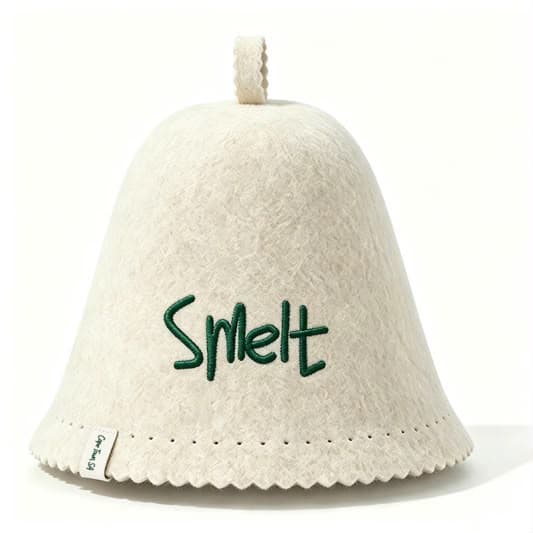 Smelt Natural Cream wool felt sauna hat, front, with "Smelt" embroidered
