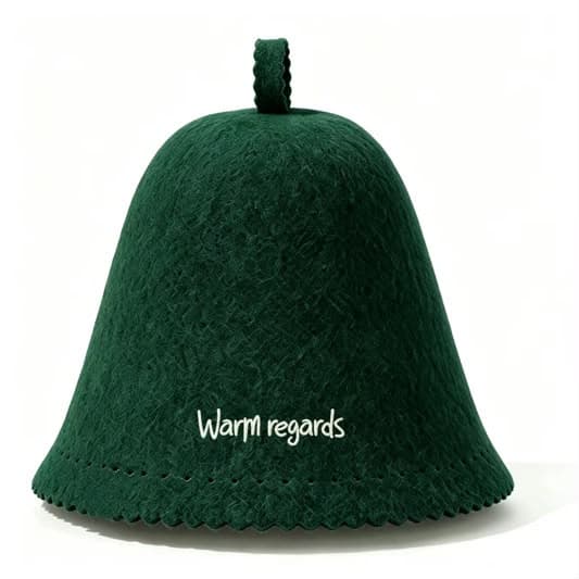 Smelt Forest Green sauna hat, back, with "Warm regards" embroidered