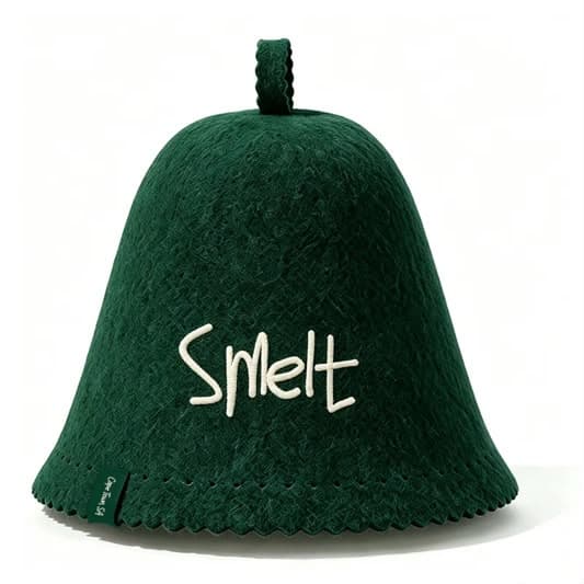 Smelt Forest Green wool felt sauna hat, front, with "Smelt" embroidered